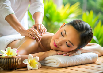 Asian woman relaxing with spa massage.