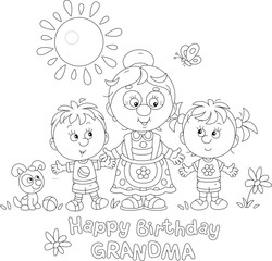 Happy birthday grandma card with a funny grandmother and her little grandson and granddaughter with their puppy on a sunny summer day, black and white vector illustration for a coloring book
