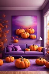  Interior of purple and orange living room with comfortable sofa and pumpkin decor design. 3d rendering 