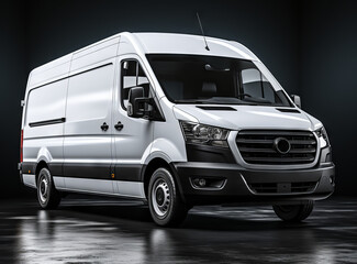 A white delivery van parked in a dimly lit room.