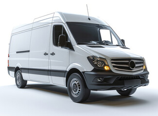 Naklejka premium A white delivery van parked in a dimly lit room.