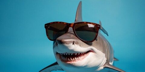 Shark with Sunglasses on a Solid Background, Featuring Ample Copy Space
