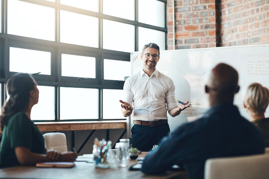 Portrait, ceo and whiteboard with presentation for business people, employees and corporate meeting. Office, manager and public relations team with information, planning and listening in training