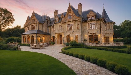 Fototapeta premium Real Estate Exterior Front House on a sunny day. Big custom made luxury house with nicely landscaped front yard and driveway to garage in suburbs.