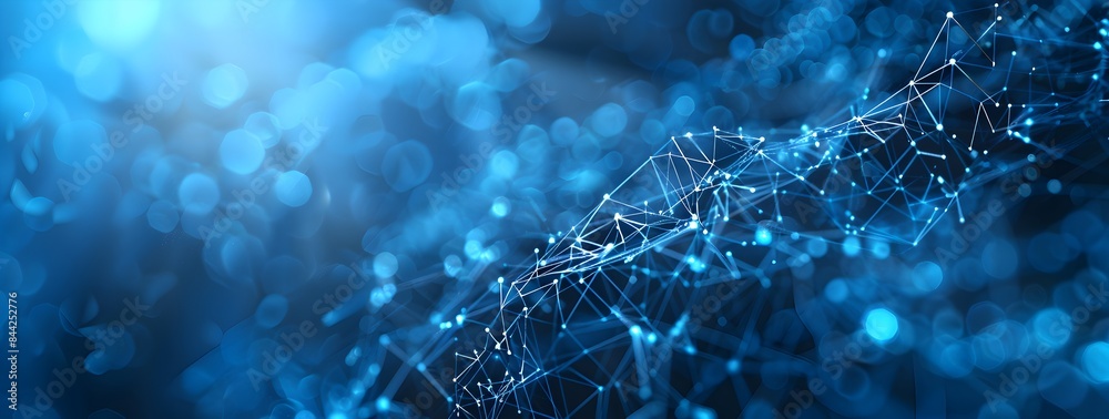 Poster abstract blue network background with interconnected nodes and lines, symbolizing global connectivit