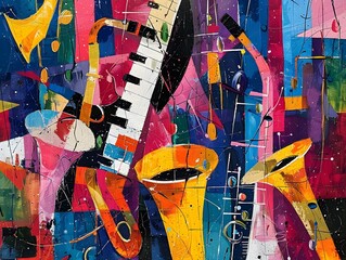 Vibrant Abstract Jazz Inspired Art with Fluid Organic Shapes and Dynamic Brushstrokes