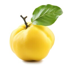 A bright, juicy quince with a green leaf, isolated on a white background