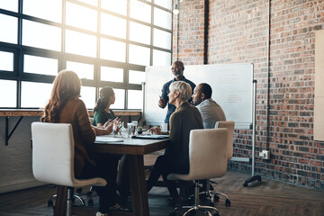 Meeting, man and presentation on whiteboard in office for feedback, planning and ideas of strategy development. People, presenter and workshop for coaching group support with business proposal pitch