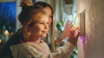 Girl helping mother lower heating temperature on thermostat for sustainable and efficient home heating technology