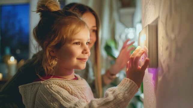 Girl helping mother lower heating temperature on thermostat for sustainable and efficient home heating technology