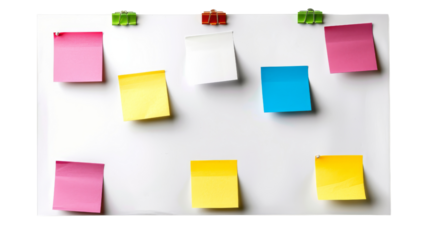 Colorful sticky notes arranged on a whiteboard for reminders and brainstorming. isolated white background, transparent background.