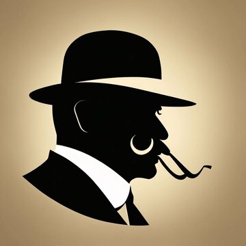 Generate a simple and elegant logo that portrays the silhouette of a Hercule Poirot. The design should convey a strong sense of sadness and melancholy, using a minimalist approach with clean lines whi