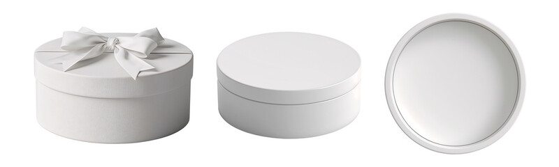 Set of isolated mockup of 3 white circle gift boxes on a transparent background. Plain present box for custom illustration and pattern design. Isometric, front, top and open view.