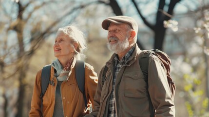 Active elderly couple on a trip together outdoors, during spring. Senior tourists visiting, exploring new places. Take a walk holding hands.