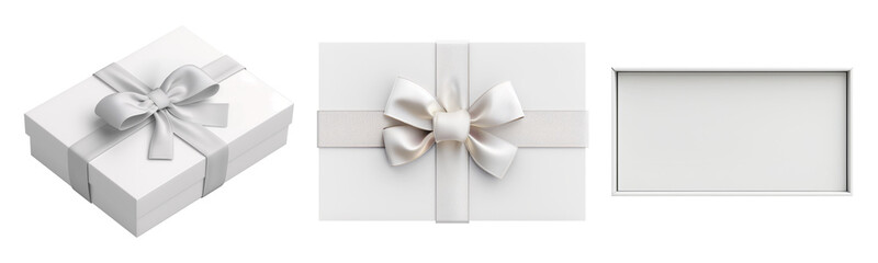 Set of isolated mockup of 3 white rectangular gift boxes with ribbon on a transparent background. Plain present box for custom illustration and pattern design. Isometric, top and open view.