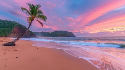 Capture the serene beauty of a palm tree swaying against a colorful sunset sky on a sandy beach