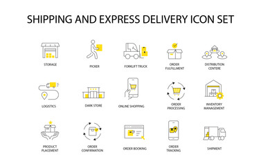 Express Delivery Infographics - Shipping Process, Order Tracking, Mono Line Design Elements with editable stroke.
