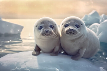 Two cute baby seals sit on a block of ice and look at the camera. The scene is peaceful and serene.