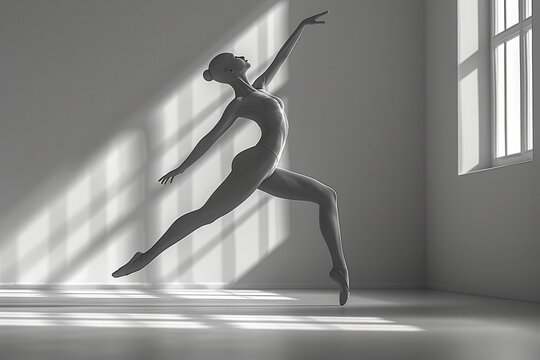 a elegant ballerina in a graceful pose, seen from a tilted angle view, showcasing the beauty of movement and poise using light and shadow techniques