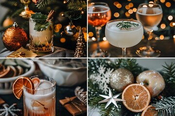 A photo collage featuring contemporary Christmas trends like sustainable decorations, personalized gifts, and festive cocktails