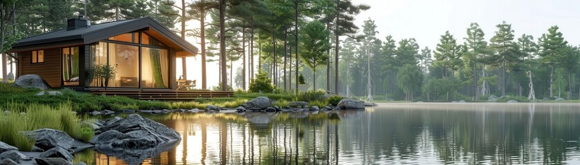 Naklejka premium Design a peaceful rear view setting of a secluded cabin in the woods, surrounded by tall trees, a shimmering lake, and a mountain backdrop in a soft, dreamy digital painting