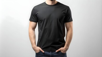 black t shirt mockup. Man wearing a plain black t-shirt