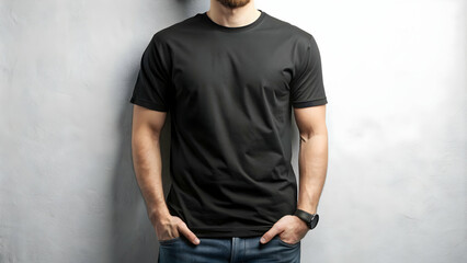 black t shirt mockup. Man wearing a plain black t-shirt