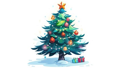 2d Illustration of a Festively Decorated Christmas Tree in cartoon Set Against a White Background