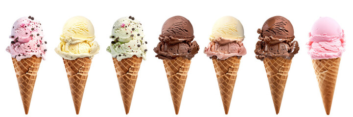 Set of different ice creams in wafer cones on transparent background cutout, PNG file. template for artwork design.
