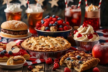 Fototapeta premium Festive Independence Day food spread with patriotic decor, embodying a culinary celebration concept