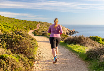 Determined overweight woman jogging along a scenic coastal path. Weight loss concept - Powered by Adobe