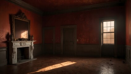 A poem exploring the haunting beauty of a reddish room, its walls bathed in the glow of a dying sunset ai-generated