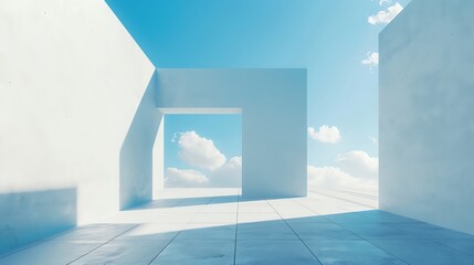 Minimalist architectural design featuring white geometric structures against a clear blue sky with scattered clouds.
