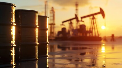 Oil barrels and drilling rigs at sunset. Industrial site with equipment against sunset sky reflection. Energy industry concept.