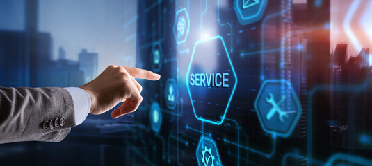Businessman presses a button Service. Technical Support Customer Business Technology Internet Concept