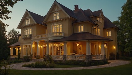 Beautiful modern farmhouse style luxury home exterior at twilight.