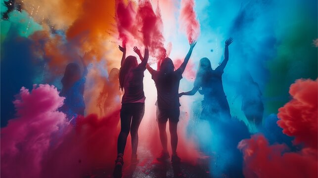 Silhouette of of  indian women in Holi Festival Scene, throwing colored powders at each other.