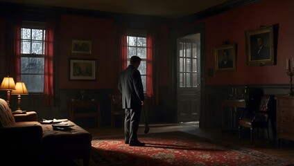 Fototapeta premium The tension as a detective investigates a crime scene in a dimly lit reddish room, searching for clues amidst the shadows ai-generated