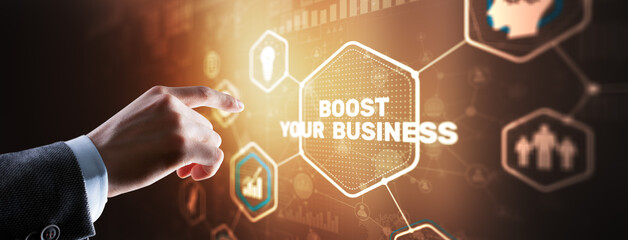 Boost Your Business 2024. Businessman touching finger virtual screen