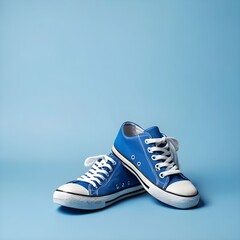 shoes isolated on white, blue sneakers with white soles and white laces against a blue background, pair of sneakers, shoes in blue and white. Things for the little ones on a blue background

