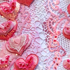 Fototapeta premium Close-up of a handmade card adorned with romantic Valentine hearts, detailed with lace and glitter, perfect for expressing heartfelt messages