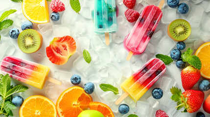 Tropical fruit popsicles with fresh strawberries , served with a wooden spoon and ice cubes in background