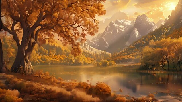 A serene and picturesque valley its lush trees painted in shades of warm orange and golden brown creating a neverending autumn scene.