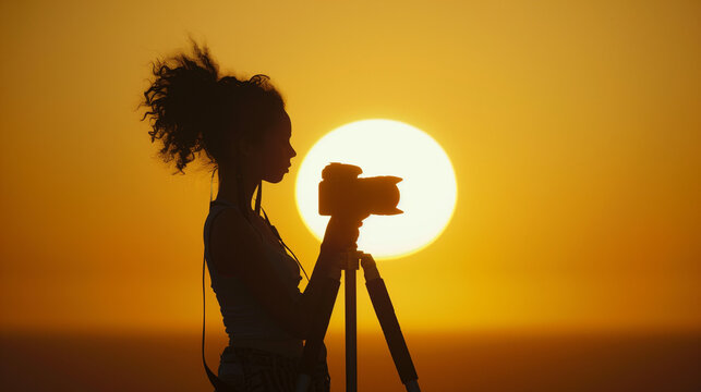 Silhouette of a woman holding a camera with a tripod, background of a round sun setting on the western horizon, Ai generated Images