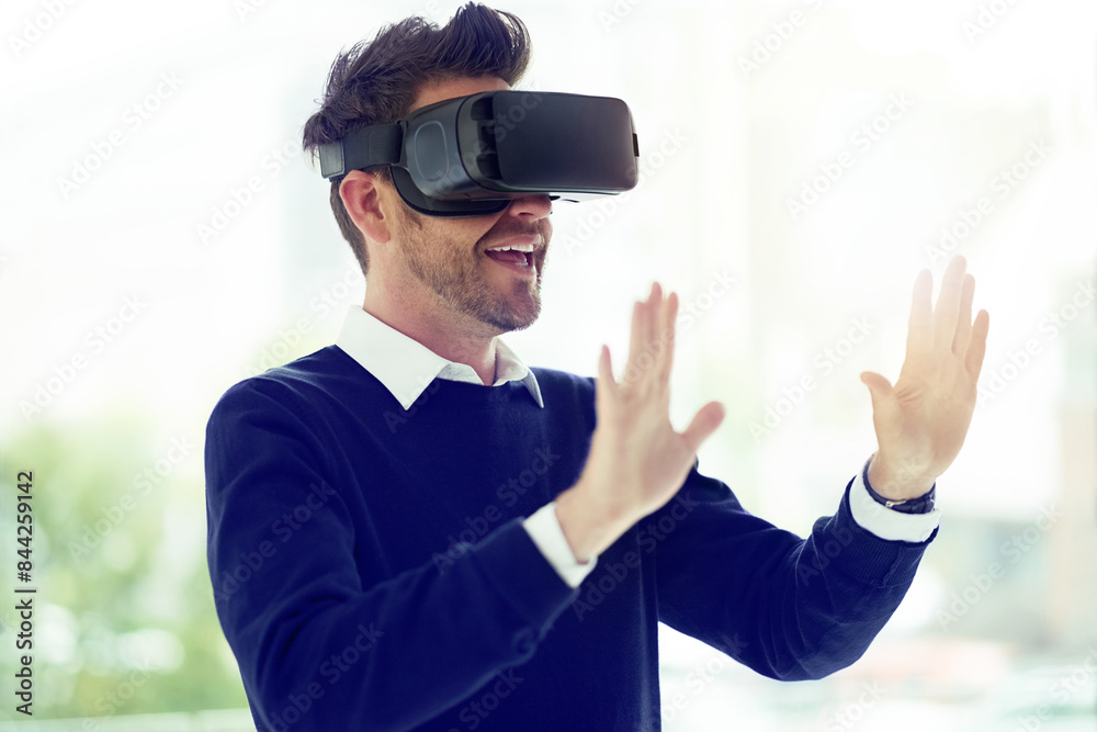 Poster Man, virtual reality and happy in office with hands to test 3d user experience with vision for digital transformation. Person, ar and smile with futuristic glasses, metaverse and creative at startup