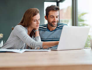 House, couple and laptop for finance, reading and planning for budget, mortgage payment and...