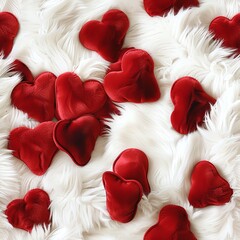 Romantic Valentine hearts made of red velvet material, scattered on a white fur rug, setting the scene for a cozy, romantic evening