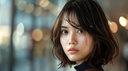 A young woman with a subtle smile features short hair and a clear gaze against a softly blurred background. 