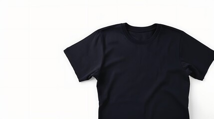 Naklejka premium A blank mockup black t-shirt lies flat on a white background, perfect for design mockups and branding. 