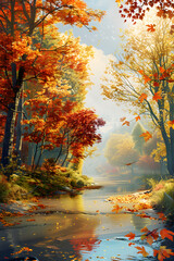 Serene Autumn Landscape: Vibrant Fall Foliage Reflected in a Calm River Surrounded by Trees in Peak Seasonal Colors